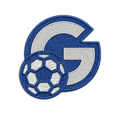 A blue and white patch of the letter G next to a blue and white soccer ball