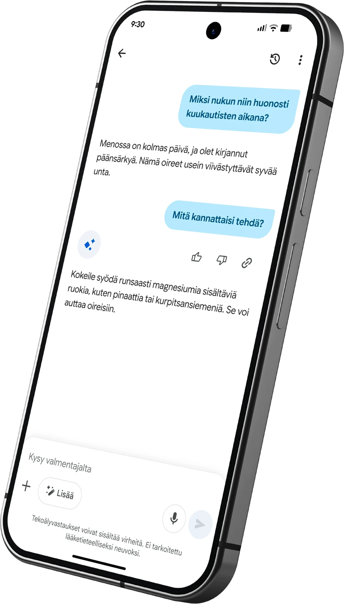Kuva Google Health ‑sovelluksen keskustelusta Health Coachin kanssa siitä, miten kofeiini vaikuttaa käyttäjän uneen.