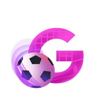 A  pink letter G with goal texture next to a soccer bail