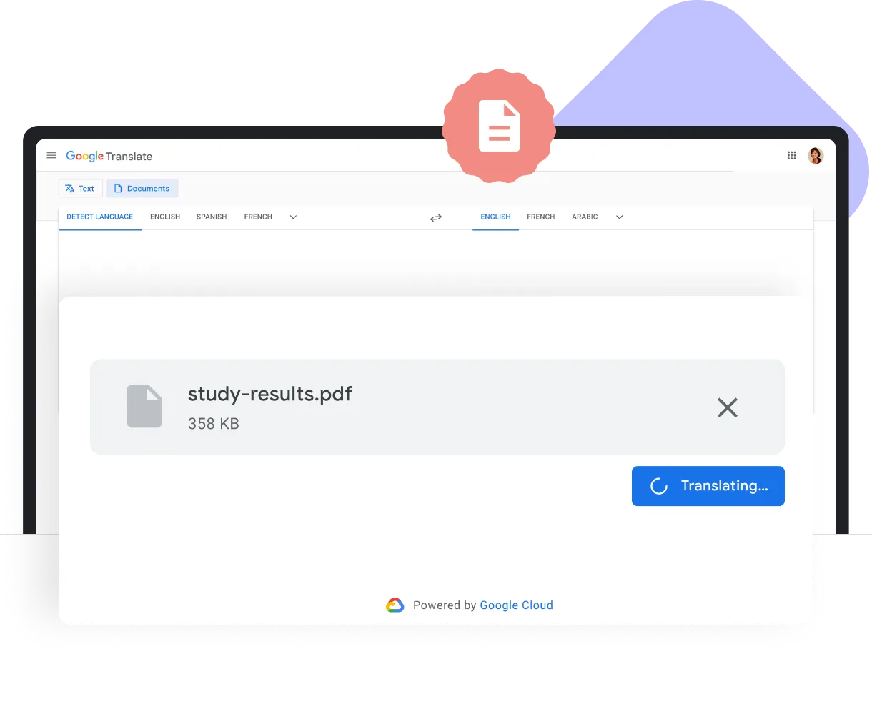 Illustrated laptop showing Translate's Document Translation function with supporting icons and illustrated shapes