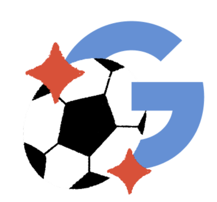 A blue illustration of the letter G next to a black and white football