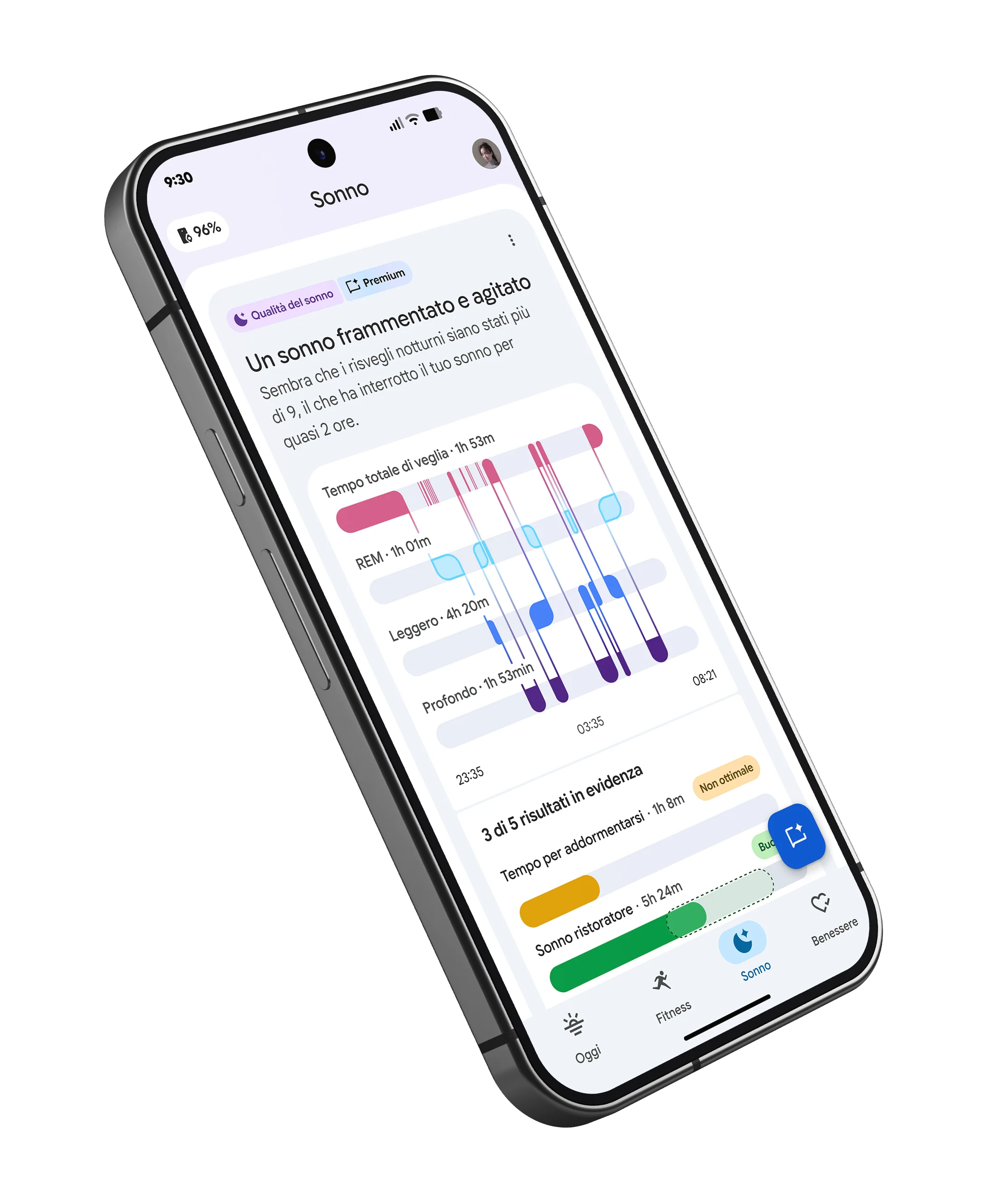 Immagine dei risultati relativi al sonno sull'app Google Health.