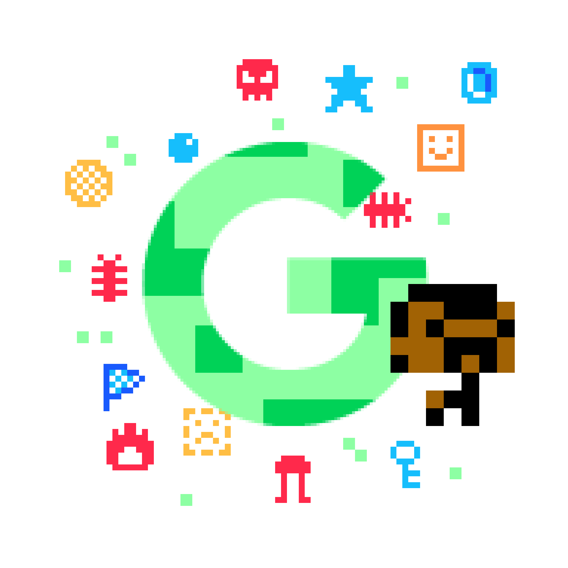 A pixelated illustration of Jerry Lawson and small stars, shapes and bugs in front of a green letter 