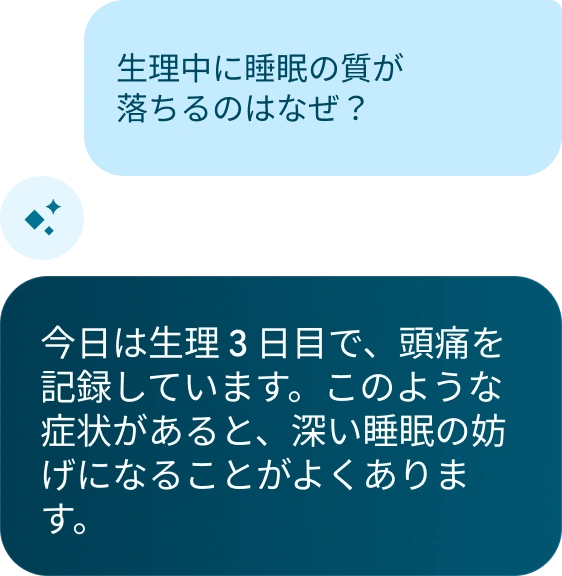 Google Health Coach と会話して、生理期間中の症状についてアドバイスを受けている人の画像。