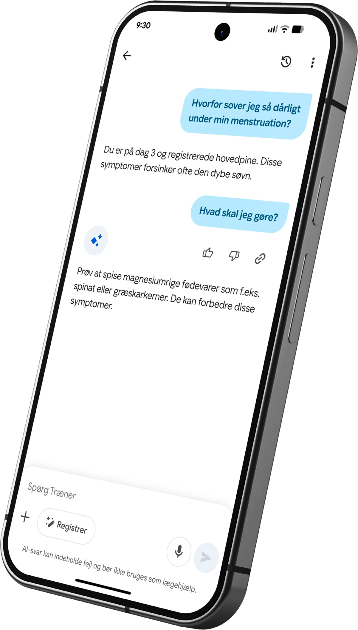 Billede af en samtale med sundhedscoachen i Google Health-appen om, hvordan koffein påvirker brugerens søvn.