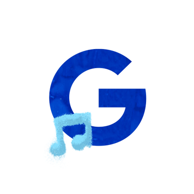 Dark blue letter G next to a light blue music note