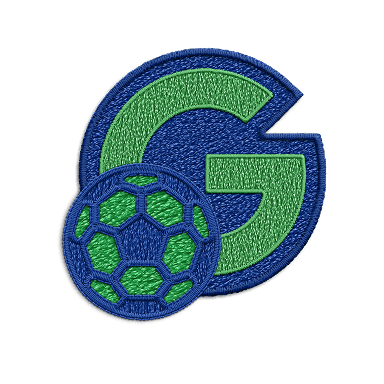 A green and blue patch of the letter G next to a green and blue soccer ball