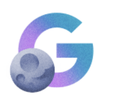 A blue and purple G with a moon next to it