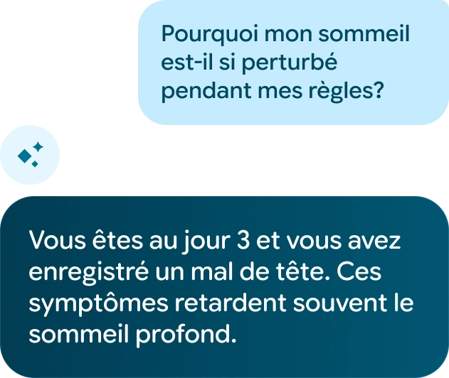 Image d'une conversation avec Google Health&nbsp;Coach qui donne des conseils sur les symptômes pendant les règles.