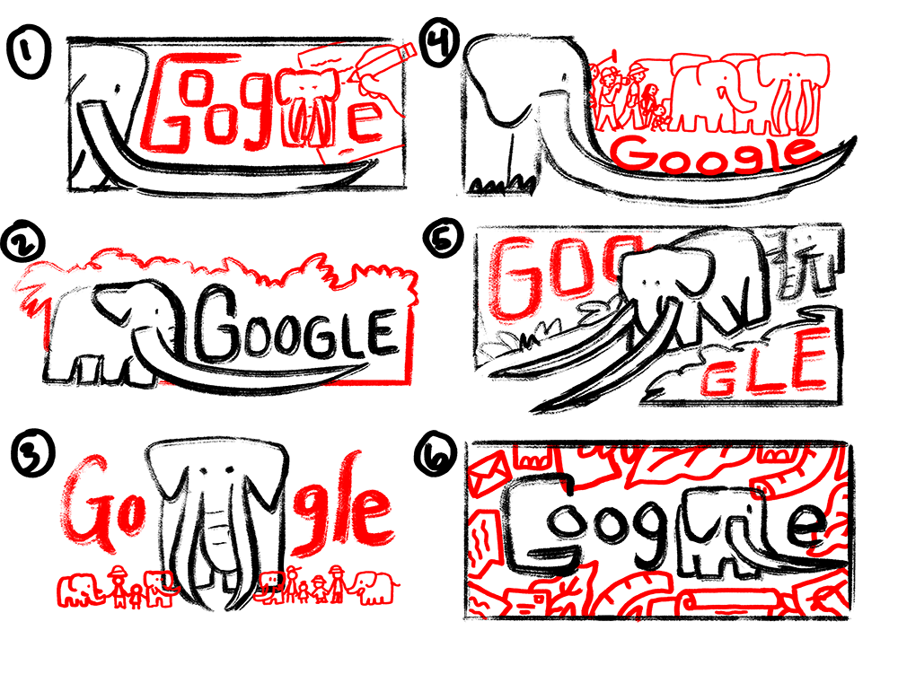 Six small black and red sketches of an elephant with the Google logo arranged in a grid labeled 1 through 6.