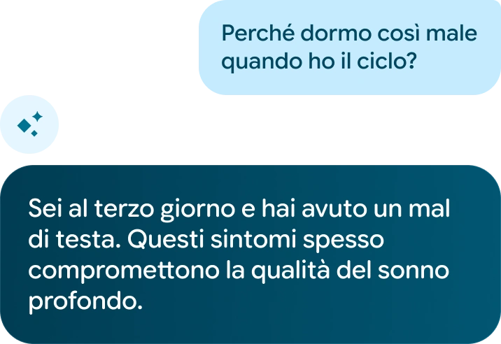 Immagine di una conversazione con Google Health Coach che fornisce consigli sui sintomi durante il ciclo mestruale.
