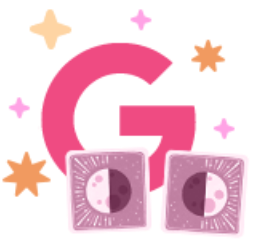 Illustration of the letter G with stars around and two half Moon cards on the bottom