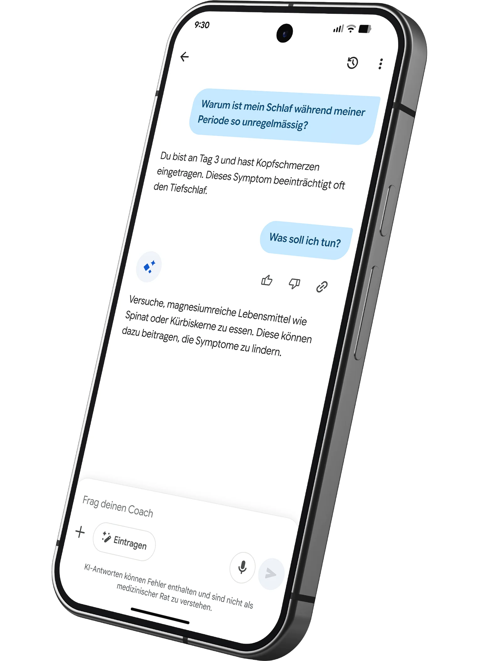 Bild einer Unterhaltung in der Google Health App mit dem Health Coach darüber, wie sich Koffein auf den Schlaf auswirkt.