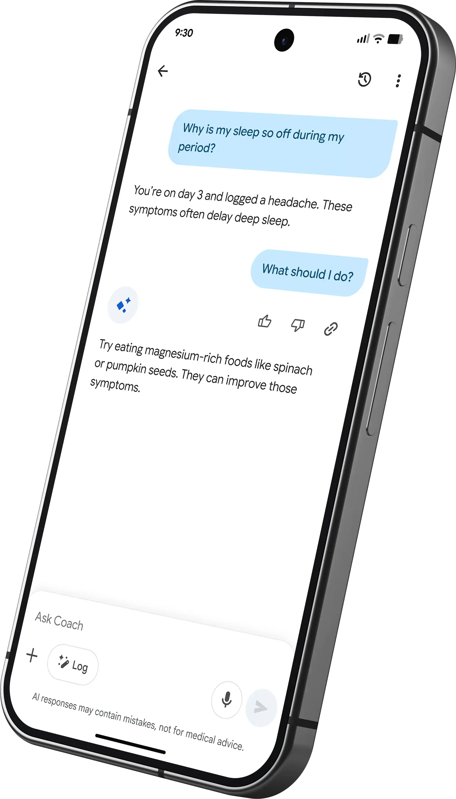 Image of Google Health app conversation with the Health Coach about how caffeine is affecting the user's sleep.
