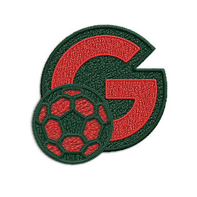 A red and green patch of the letter G next to a red and green soccer ball