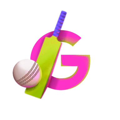 A pink letter G with a cricket bat and ball