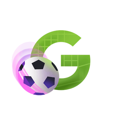 A  green letter G with goal texture next to a soccer ball