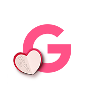 Magenta letter G with red and pink paper heart card