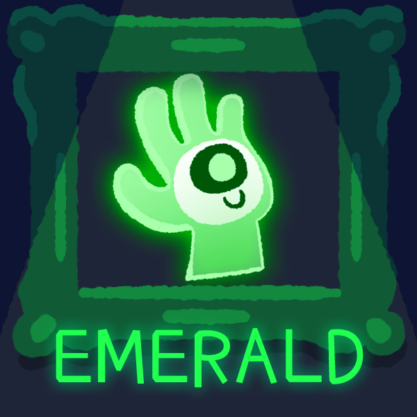 Green hand shaped character with one eye named Emerald