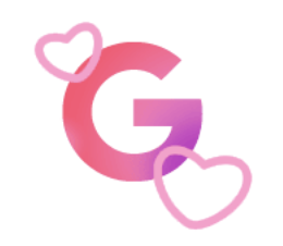 Illustration of a pink letter G with two hearts