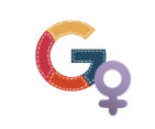 Illustration of the letter G in a patchwork pattern with a female symbol beside it