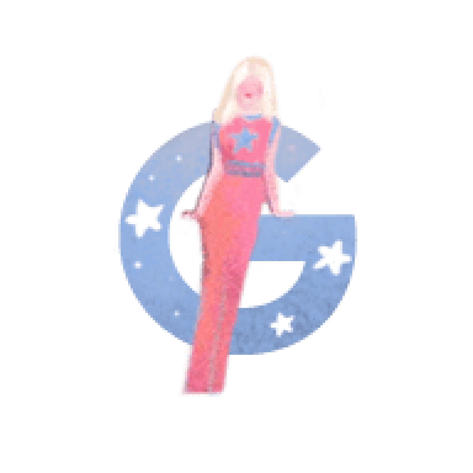Illustration of France Gall wearing a long pink dress in front of a blue letter 
