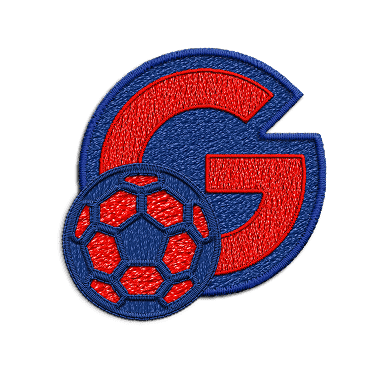 A red and blue patch of the letter G next to a red and blue soccer ball