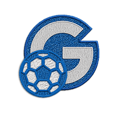A blue and white patch of the letter G next to a blue and white soccer ball