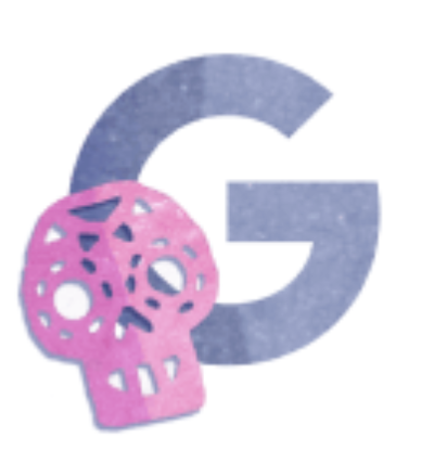 Illustration of the letter G next to a pink paper skull
