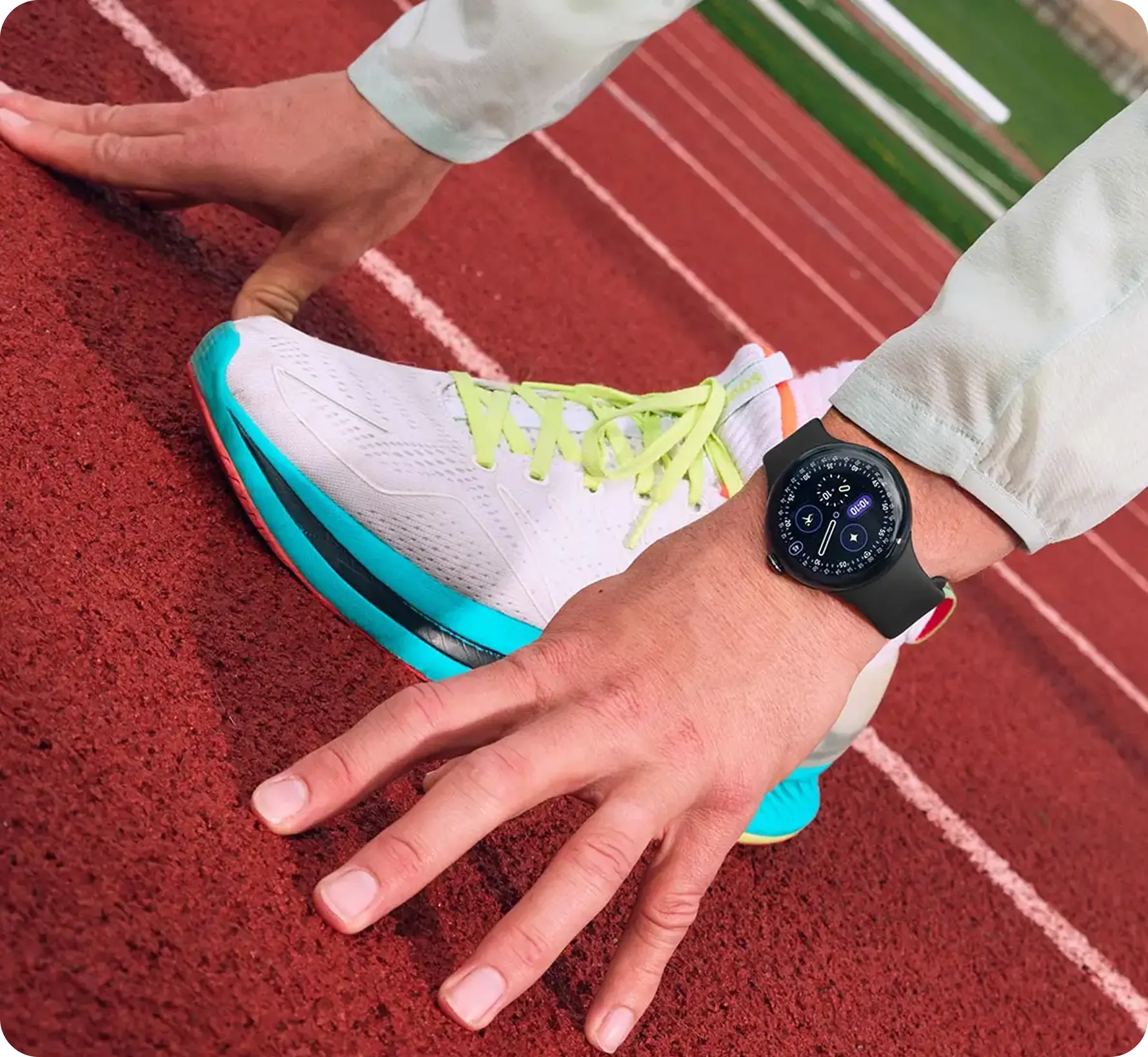 Image of man on track wearing Google Pixel Watch. 