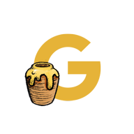 yellow letter G with an illustrated honey jar