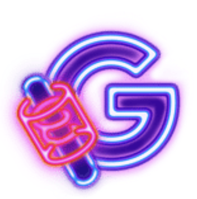 A neon purple illustration of the letter G next to a zing bail