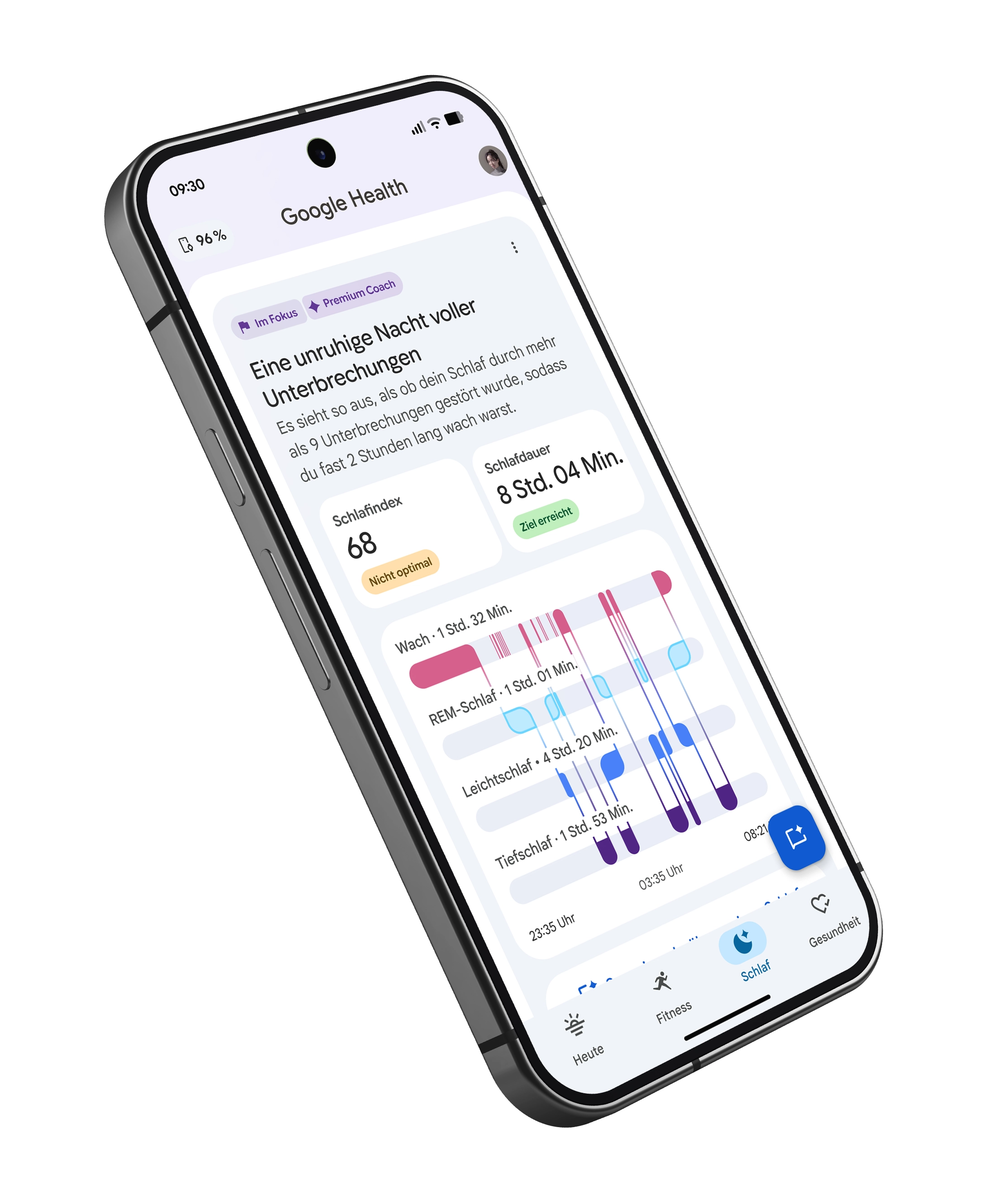 Bild mit den Schlafergebnissen in der Google Health App.