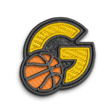 A yellow embroidered g with a basketball