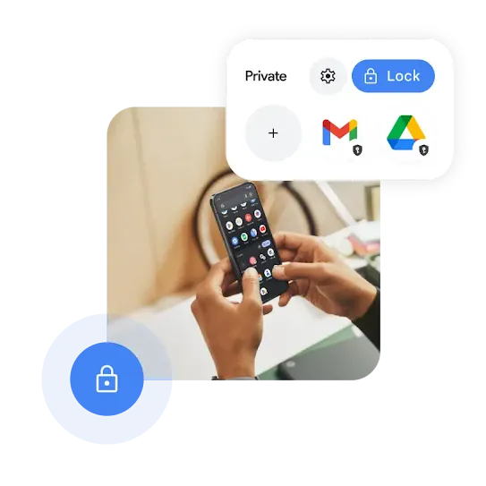 Two hands holding a cell phone inside an office with a bike in the background. The phone screen shows numerous apps. Above the image is an abstract example of one of Android’s security app features. Below is a blue lock icon