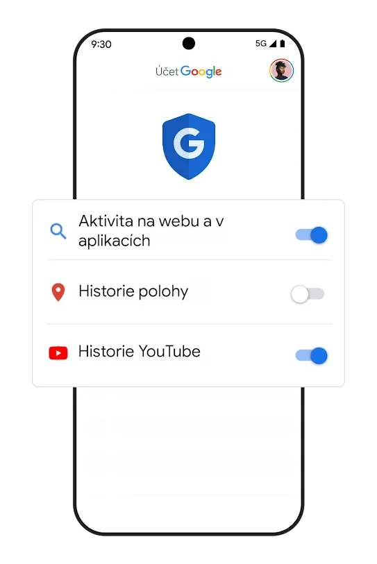 Grafika telefonu s přepínači nastavení historie.