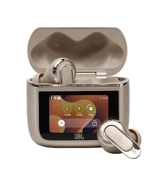Gold JBL Tour Pro 3 case and earbuds