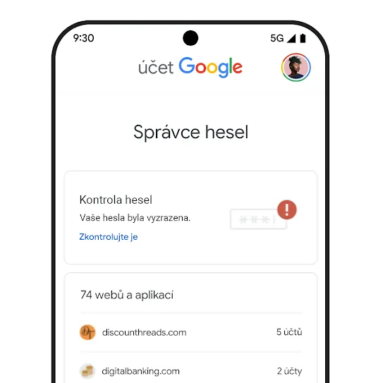 Obrázek telefonu s uživatelským rozhraním kontroly hesel.