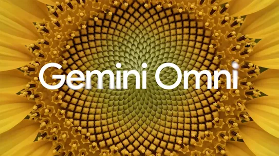 The text "Gemini Omni" is centered over a detailed macro photograph of a golden sunflower's geometric center pattern.