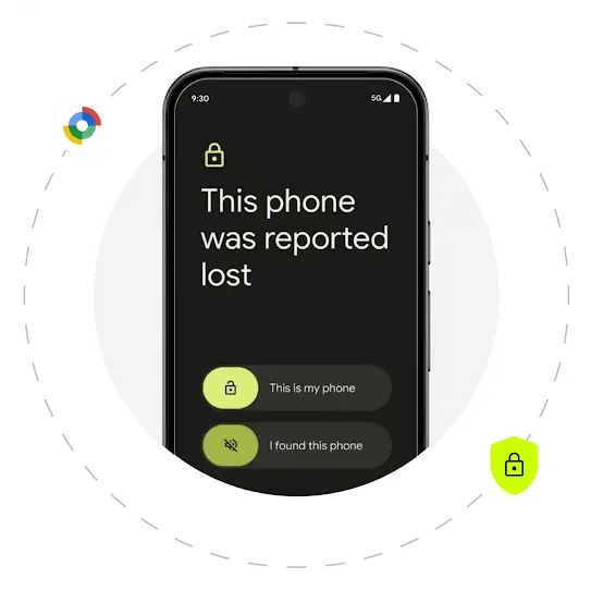 An Android screen shows an example of the Lost Mode interface. Behind the phone is a grey solid circle and a dashed circle right outside it. Two icons are scattered around the dashed circle. One is a Google satellite icon and the other is a neon green shield with a black lock in the middle.
