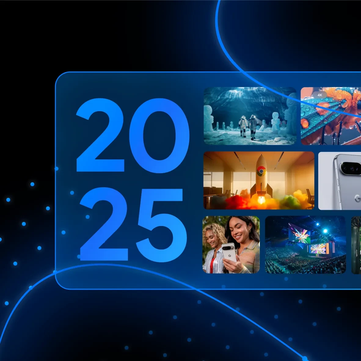 A translucent blue rectangle lies against a black background with blue dots and lines