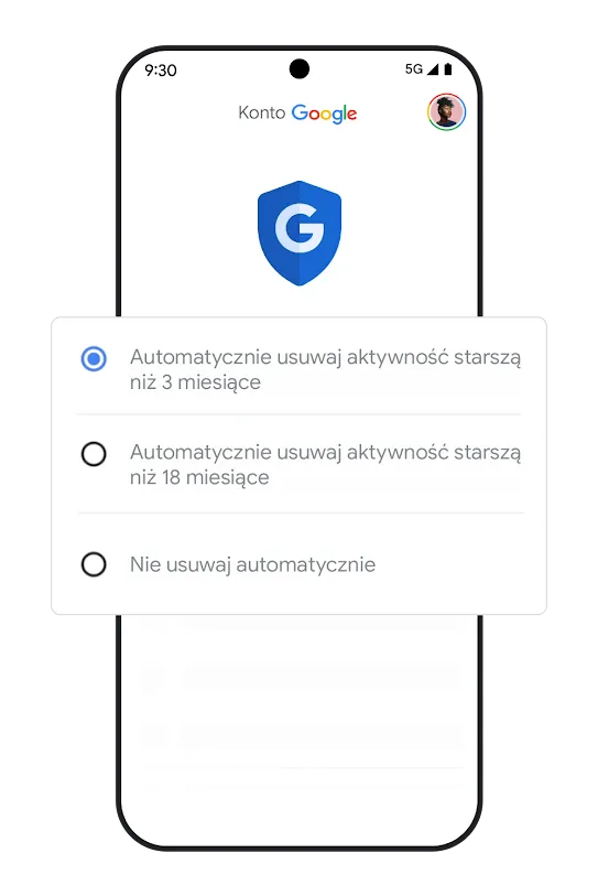 Grafika przedstawiająca telefon z oknem ustawień automatycznego usuwania.
