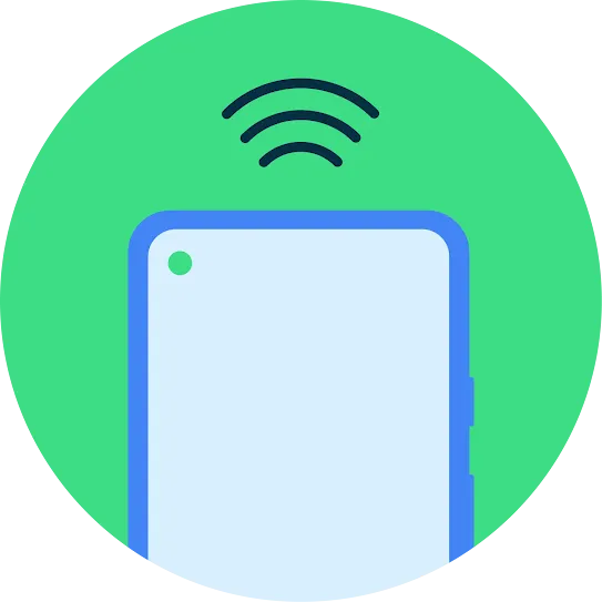 A blue smartphone with a wifi signal above it and a green notification dot on the screen, over a green circular background.