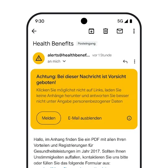 Bild einer E‑Mail in Gmail auf einem Smartphone-Display. Eine Warnung zu einem potenziellen Phishingversuch wird angezeigt.