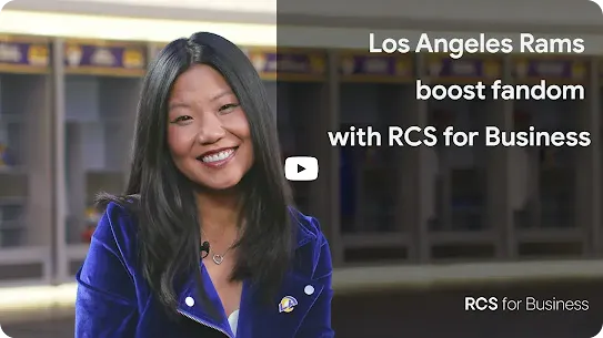 Ein Bild einer Frau mit dem Slogan „Los Angeles Rams steigern die Fanbindung mit RCS for Business“.