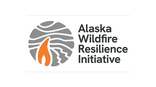 Official logo for the Alaska Wildfire Resilience Initiative featuring a circular gray emblem with a stylized orange flame beside stacked gray text on a white background.