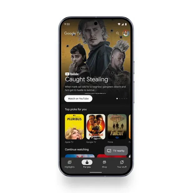 A smartphone displaying the Google TV app home screen