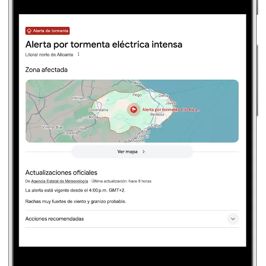 Pantalla de un smartphone con una alerta pública de Google sobre un aviso de tormenta eléctrica severa en Florida. En la interfaz se observa un mapa que resalta el área afectada cerca de Panama City, un botón de "Ver mapa" y una actualización oficial del Servicio Meteorológico Nacional informando que el aviso se mantiene vigente hasta las 13:00 CDT.