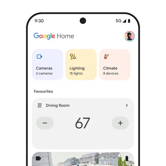 Visual of a smartphone screen with Google Home open, displaying a dashboard with at-a-glance information about security cameras, lighting, and climate. 