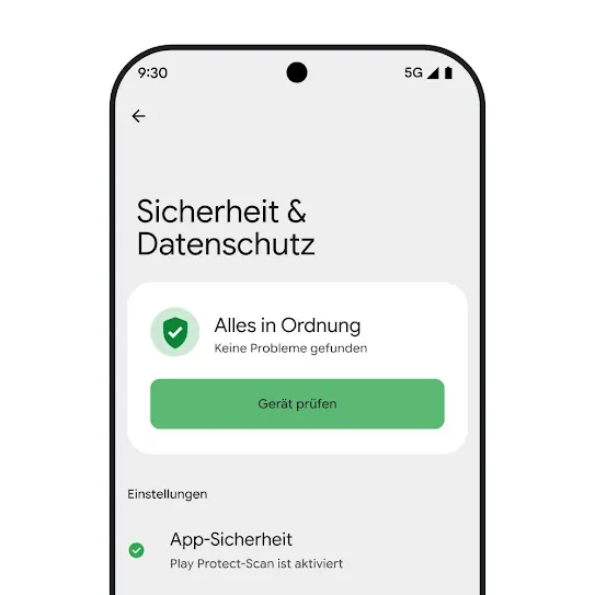 Bild eines Android-Smartphones, auf dem die Sicherheits- & Privatsphäre-Einstellungen angezeigt werden. Ergebnisse eines Gerätescans und die Sicherheitseinstellungen für Apps sind zu sehen.